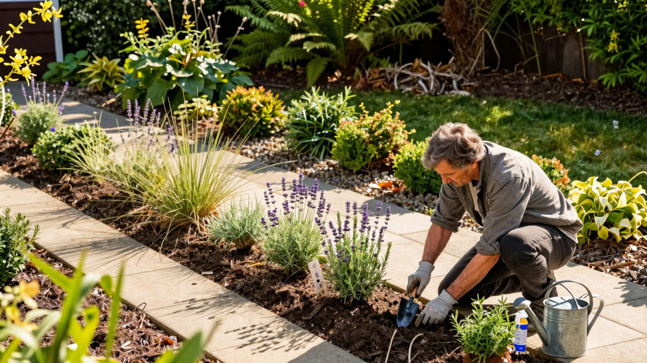 Homem com luvas cuida de plantas em jardim florido com calçada de pedras sob luz do sol.