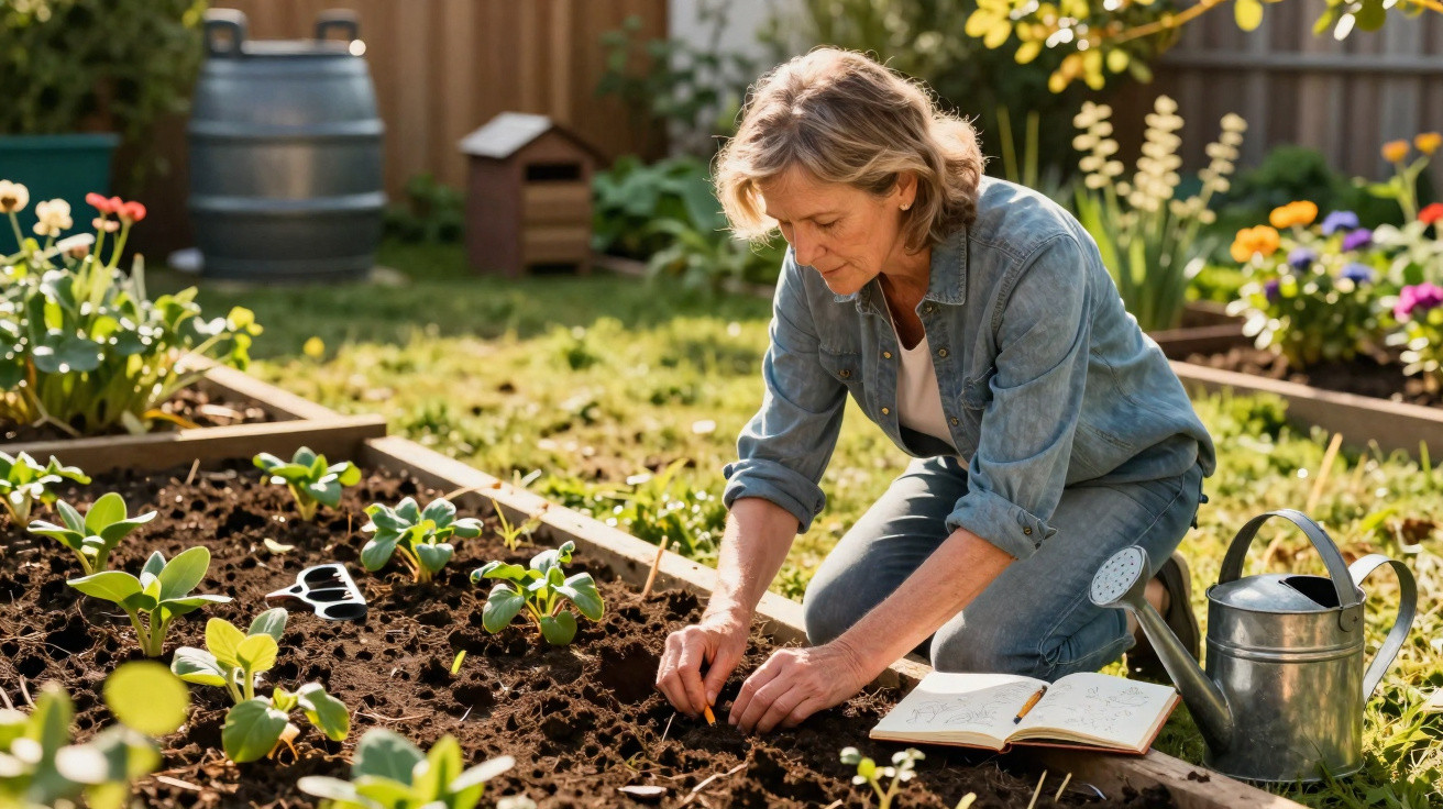 Mulher adulta cuidando de plantas em canteiro de jardim ensolarado, com regador e caderno ao lado.