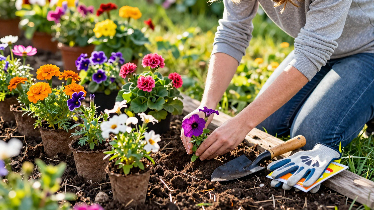 Pessoa plantando flores coloridas em canteiro de terra ao ar livre, com ferramentas de jardinagem ao lado.