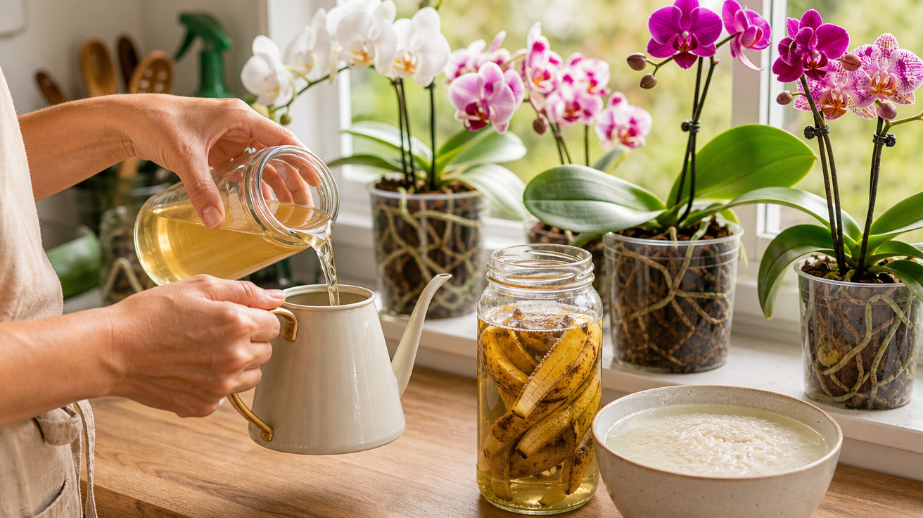 Pessoa despejando líquido em chaleira na cozinha com orquídeas, jarro com raízes e tigela sobre bancada de madeira.