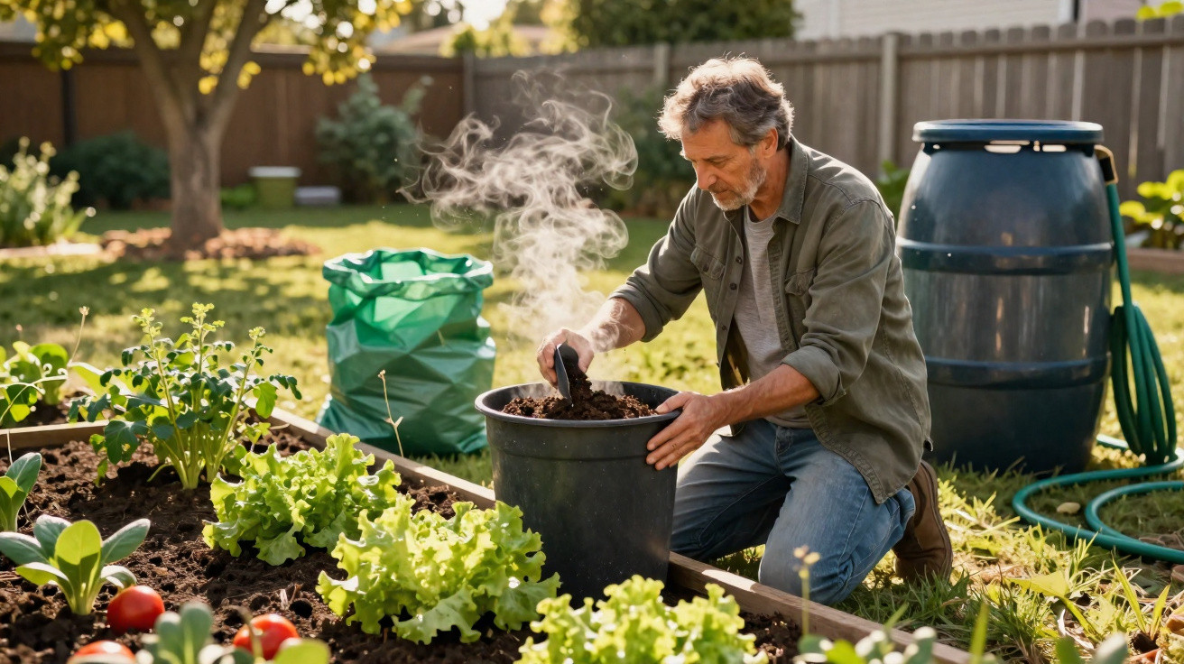 Homem cuidando de planta em vaso no jardim com hortaliças e regador ao fundo.