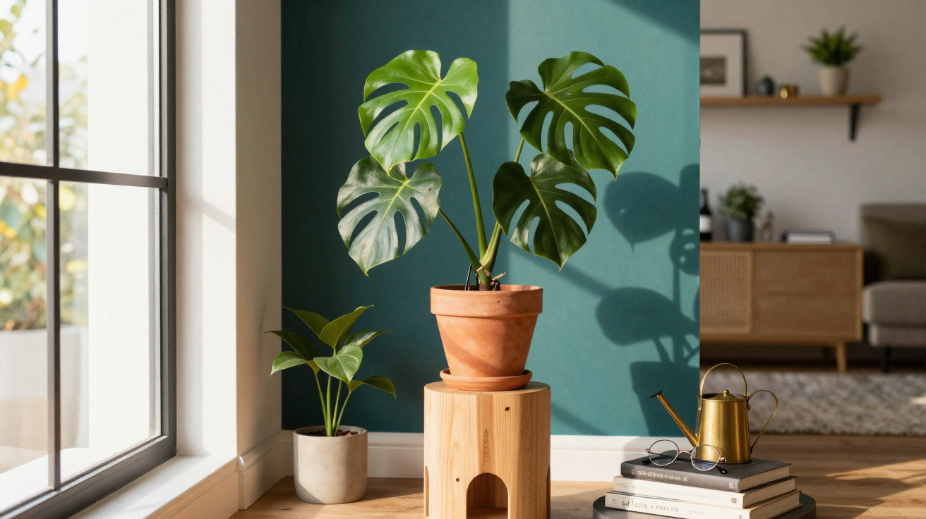 Ambiente interno iluminado com planta costela-de-adão em vaso de barro sobre banco de madeira.