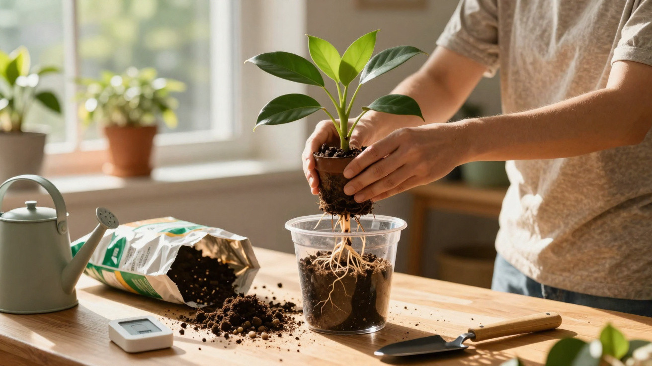 Pessoa transplantando muda de planta com raízes visíveis em ambiente interno iluminado natural.