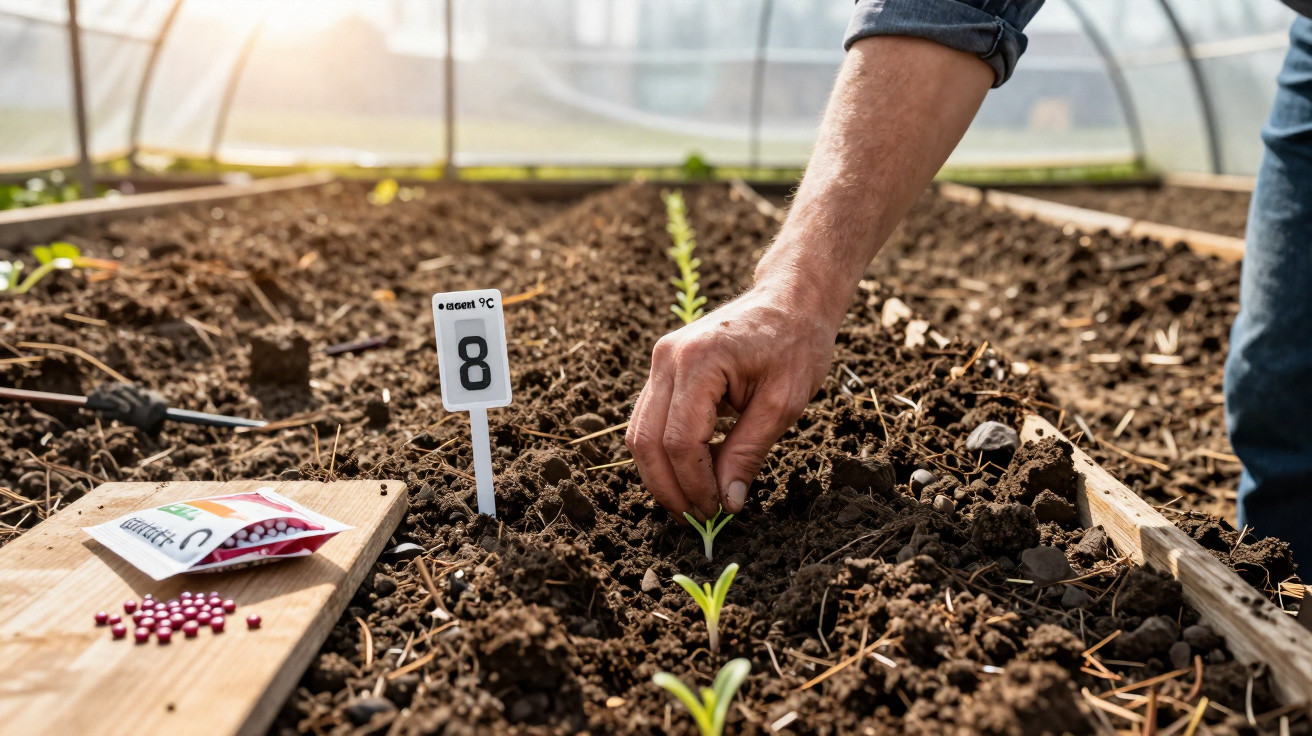 Mão plantando muda em estufa, com sementes e placa numerada 8 em solo cultivado.