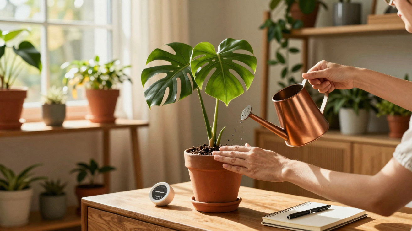 Pessoa regando planta verde em vaso de barro sobre mesa de madeira em ambiente interno iluminado.