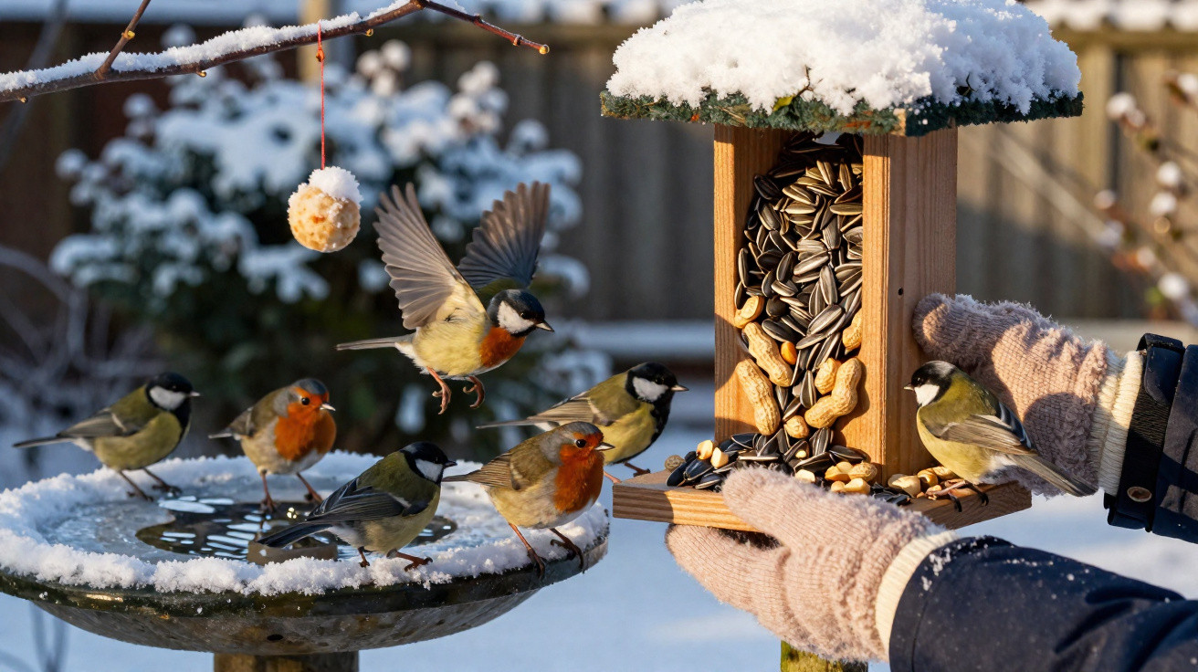 Mãos com luvas seguram comedouro de pássaros coberto de neve cercado por aves alimentando-se no inverno.