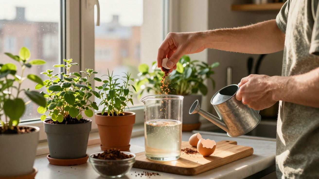 Pessoa adiciona café moído em copo com água ao lado de plantas em vasos na janela.