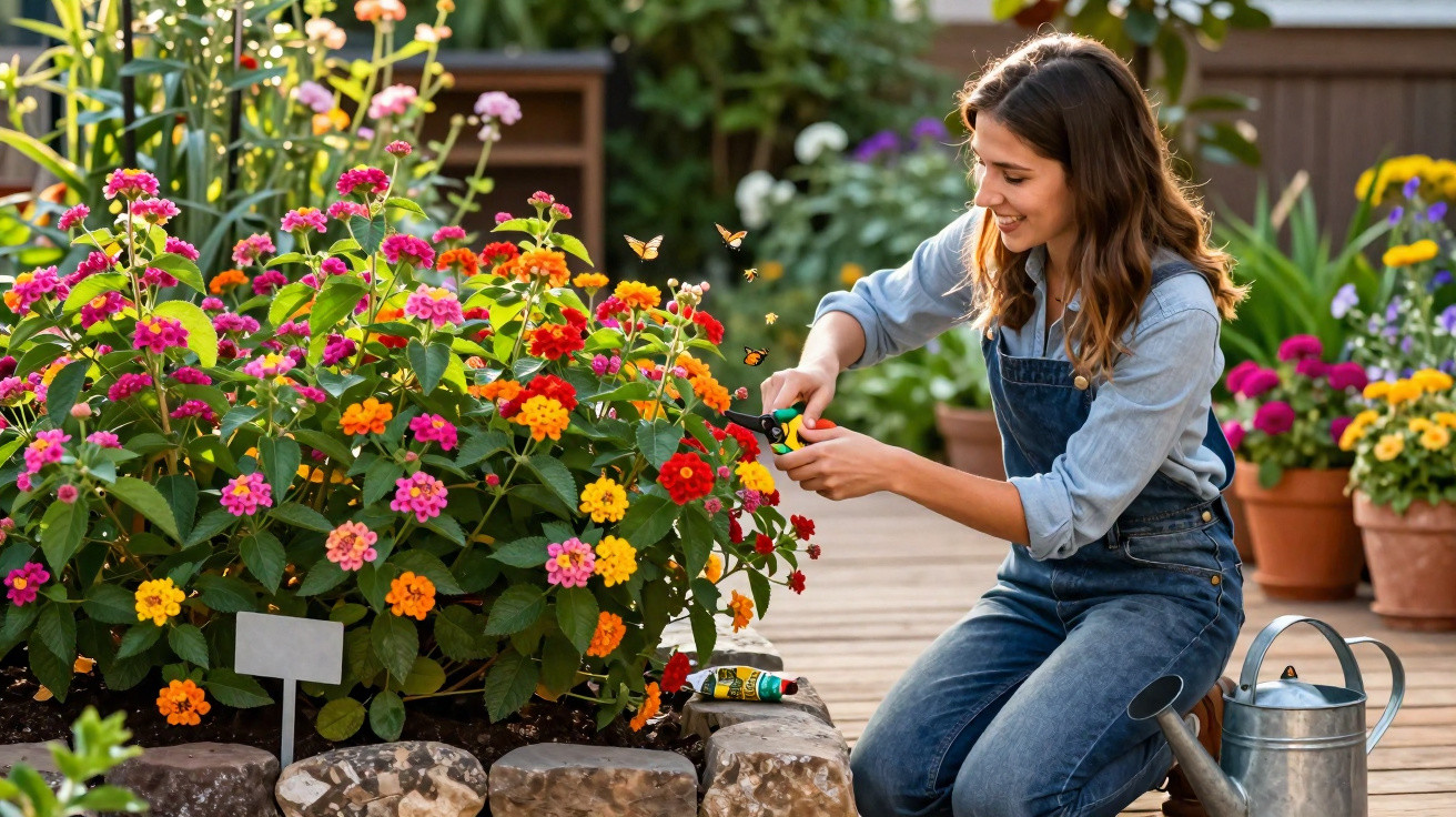 Mulher sorridente podando flores coloridas em jardim com regador próximo e borboletas ao redor.