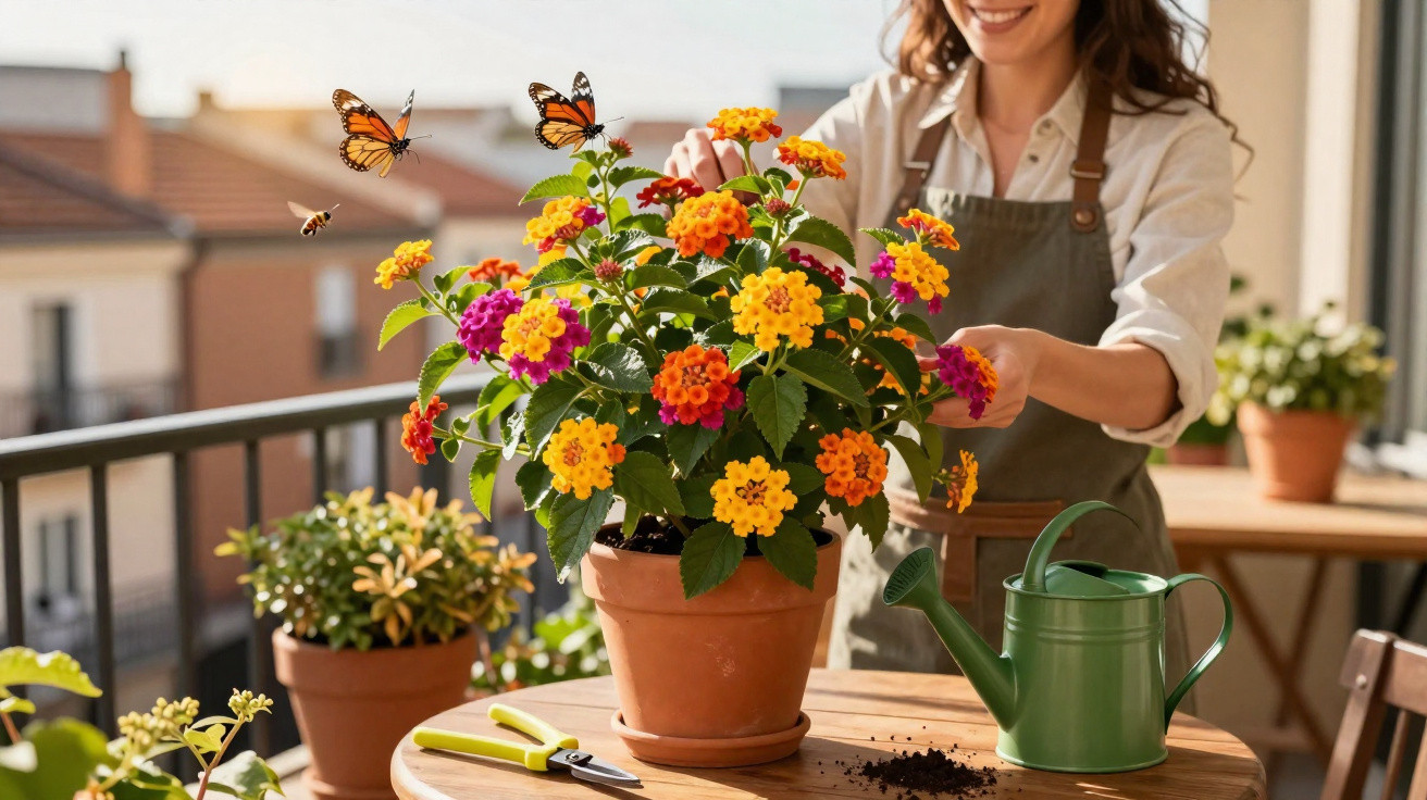 Mulher cuidando de flores coloridas em vaso no jardim da varanda, com regador e tesoura na mesa.