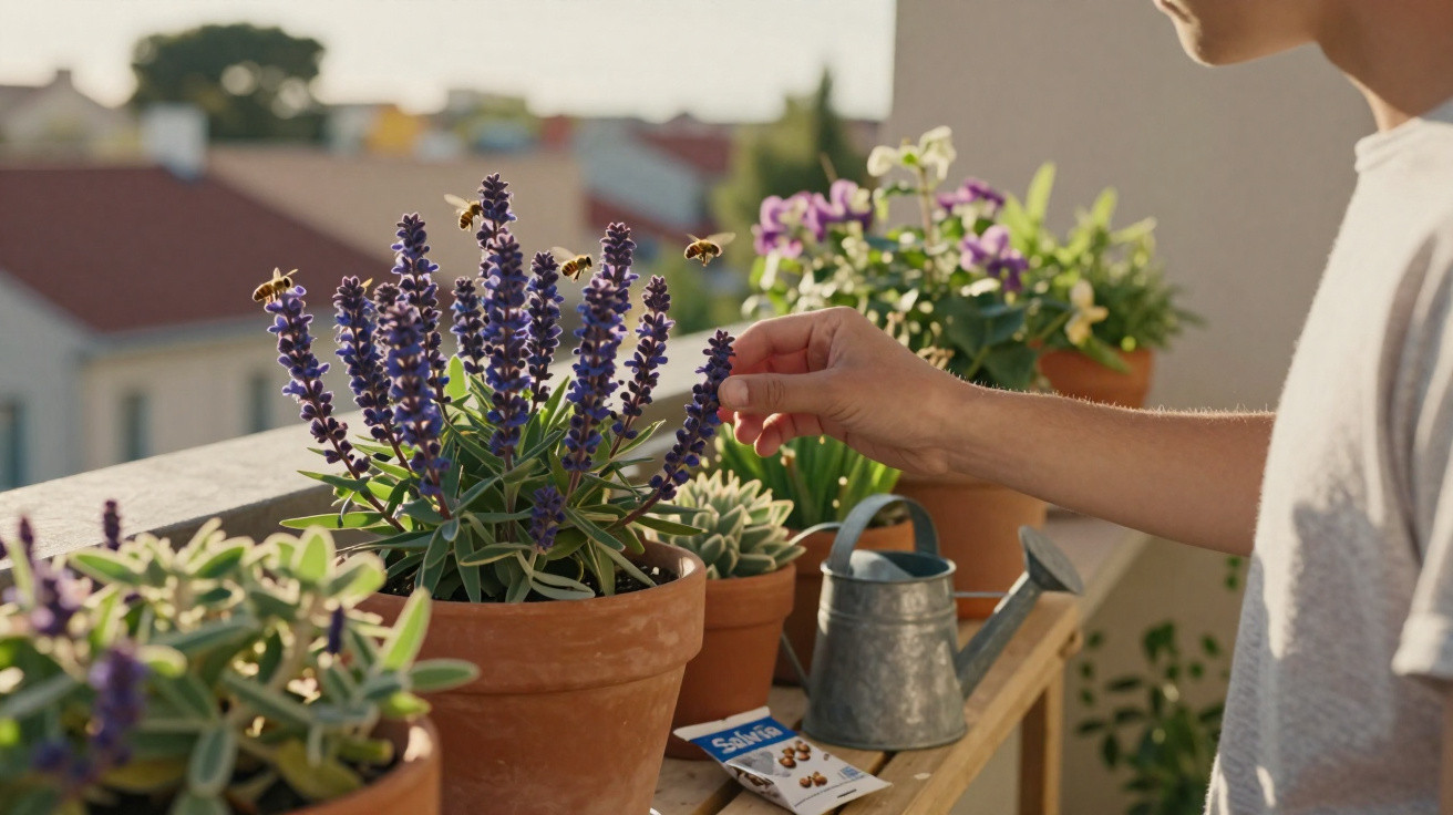 Mão colhendo flores roxas em vaso de cerâmica com várias plantas e abelhas em varanda ensolarada.