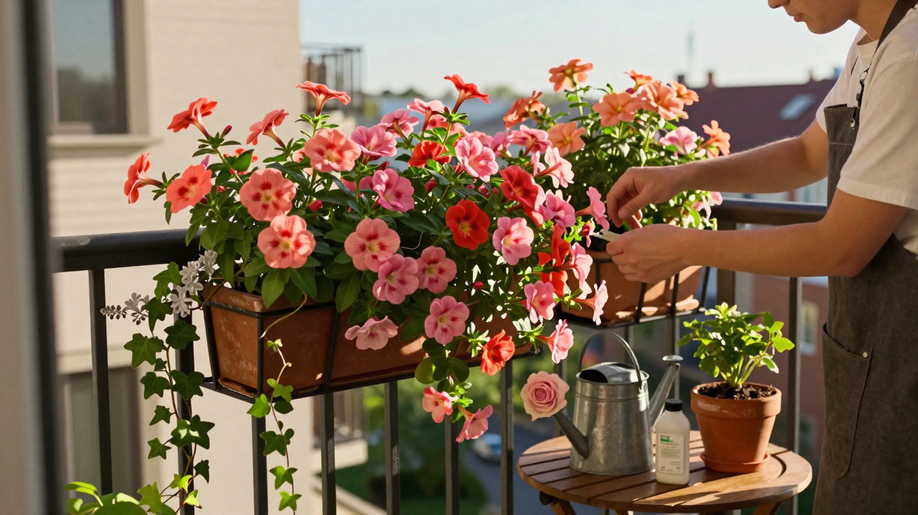 Pessoa cuidando de flores coloridas em vasos na varanda ensolarada de um apartamento.