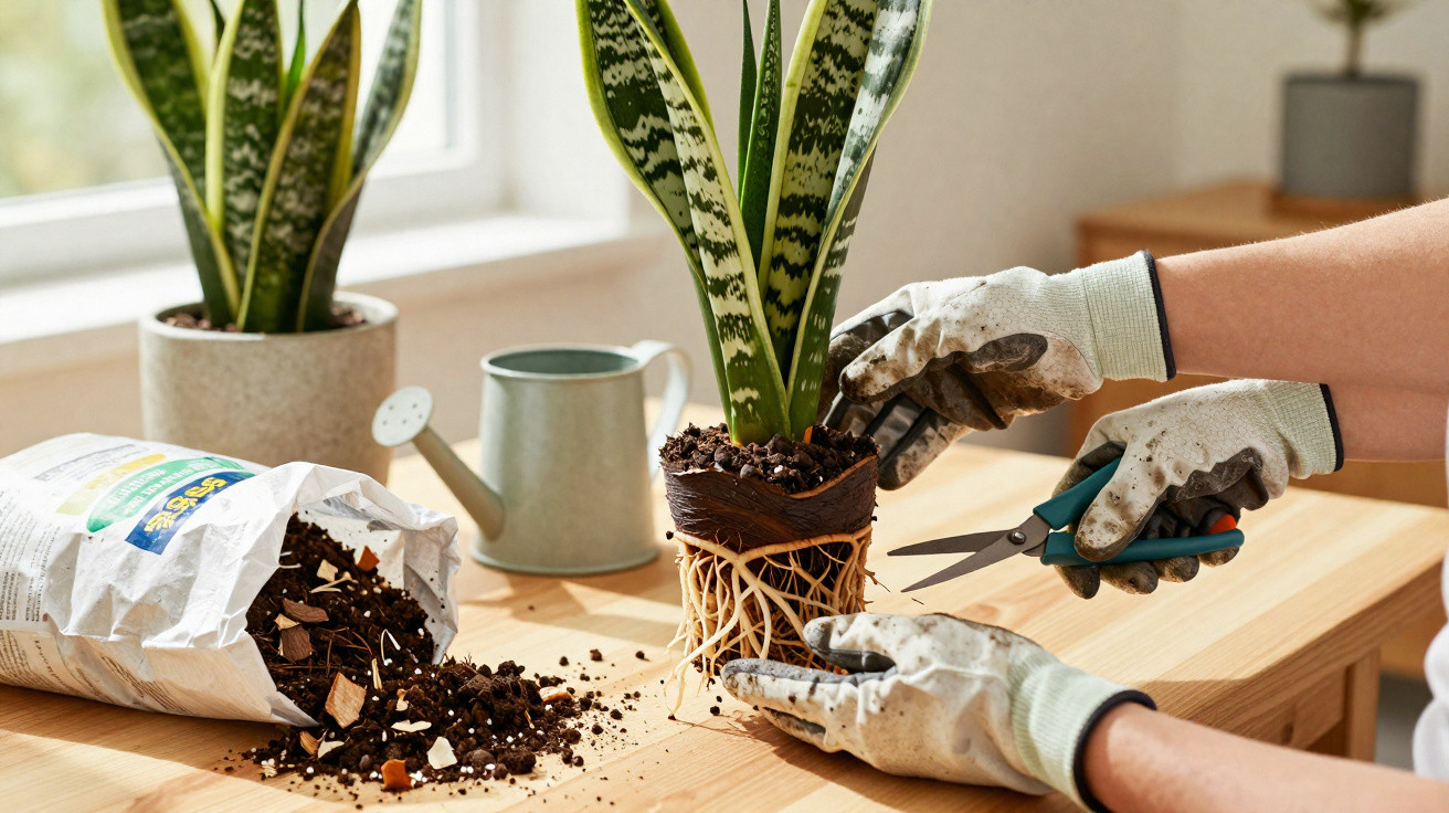 Pessoa com luvas cortando raízes de planta suculenta para replantio sobre mesa de madeira.