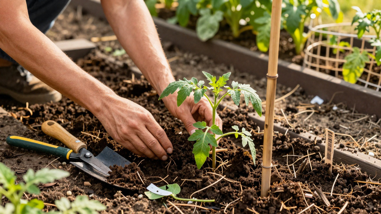 Pessoa plantando muda de tomateiro no solo de horta, com ferramenta de jardinagem ao lado.