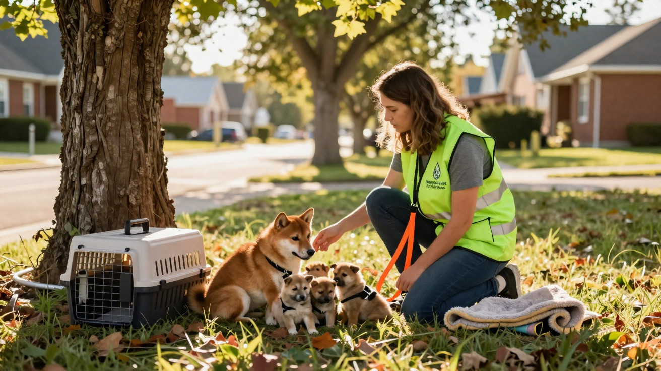 Mulher agachada com colete refletivo brinca com mãe cachorro Shiba Inu e três filhotes em parque urbano.