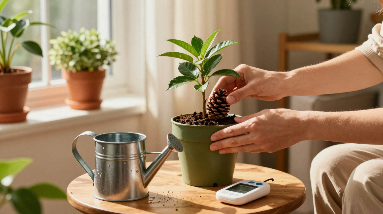 Pessoa cuidando de planta em vaso com regador e medidor digital sobre mesa de madeira.
