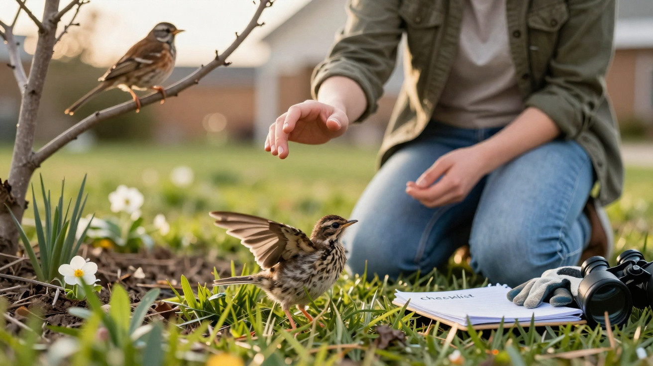 Pessoa agachada próximo a dois pássaros em jardim com caderno, binóculos e luvas ao lado.