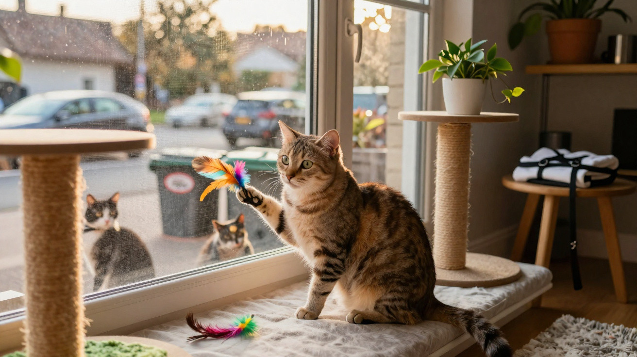 Gato dentro de casa brinca com penas coloridas perto da janela enquanto dois gatos observam do lado de fora.