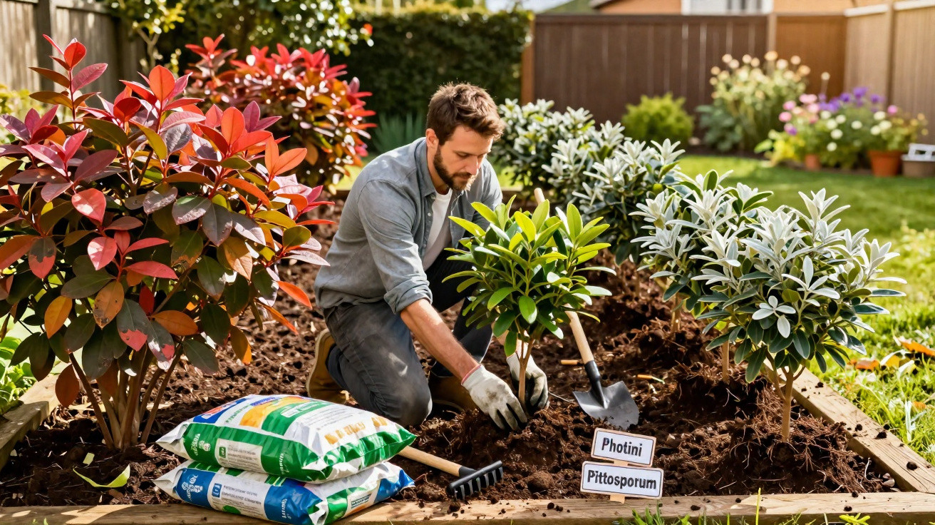 Homem plantando arbusto em canteiro de jardim, cercado por sacos de adubo e plantas coloridas.