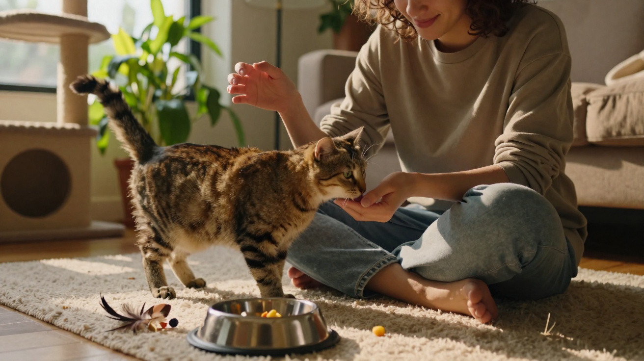 Pessoa sentada no chão alimentando um gato próximo a um comedouro em ambiente interno iluminado.