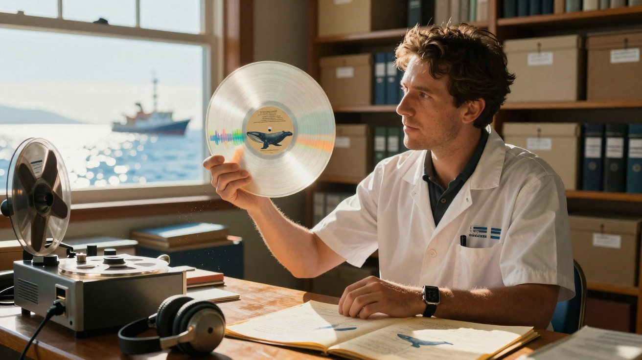 Homem em jaleco branco segurando disco de vinil transparente em sala com janelas e estantes ao fundo.