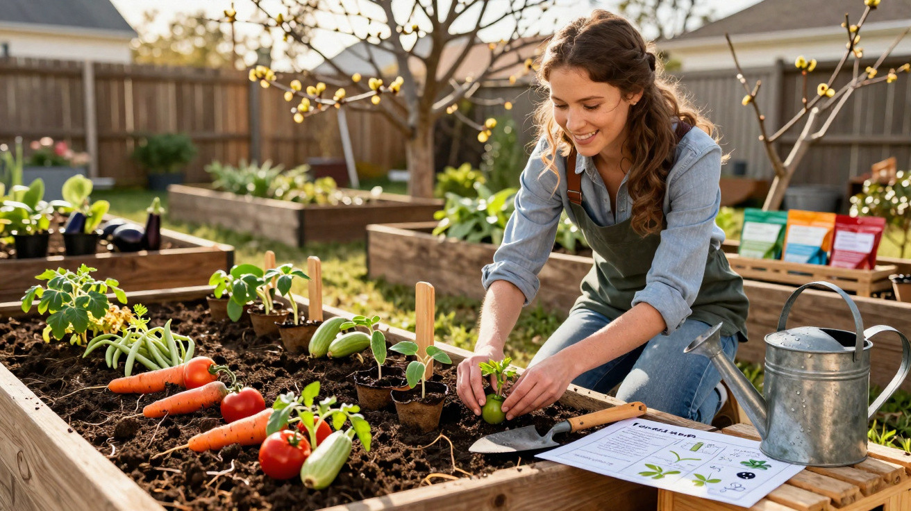 Mulher sorridente plantando mudas em horta elevada com legumes, regador e guia de cultivo ao lado.