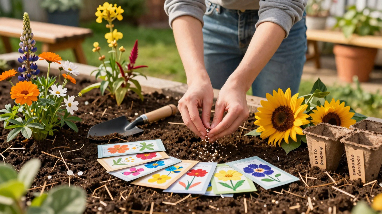 Mãos espalhando sementes em terra com pacotes de sementes de flores e girassóis ao lado.
