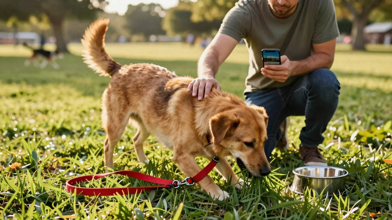 Homem agachado acaricia cachorro com coleira vermelha em parque ensolarado.