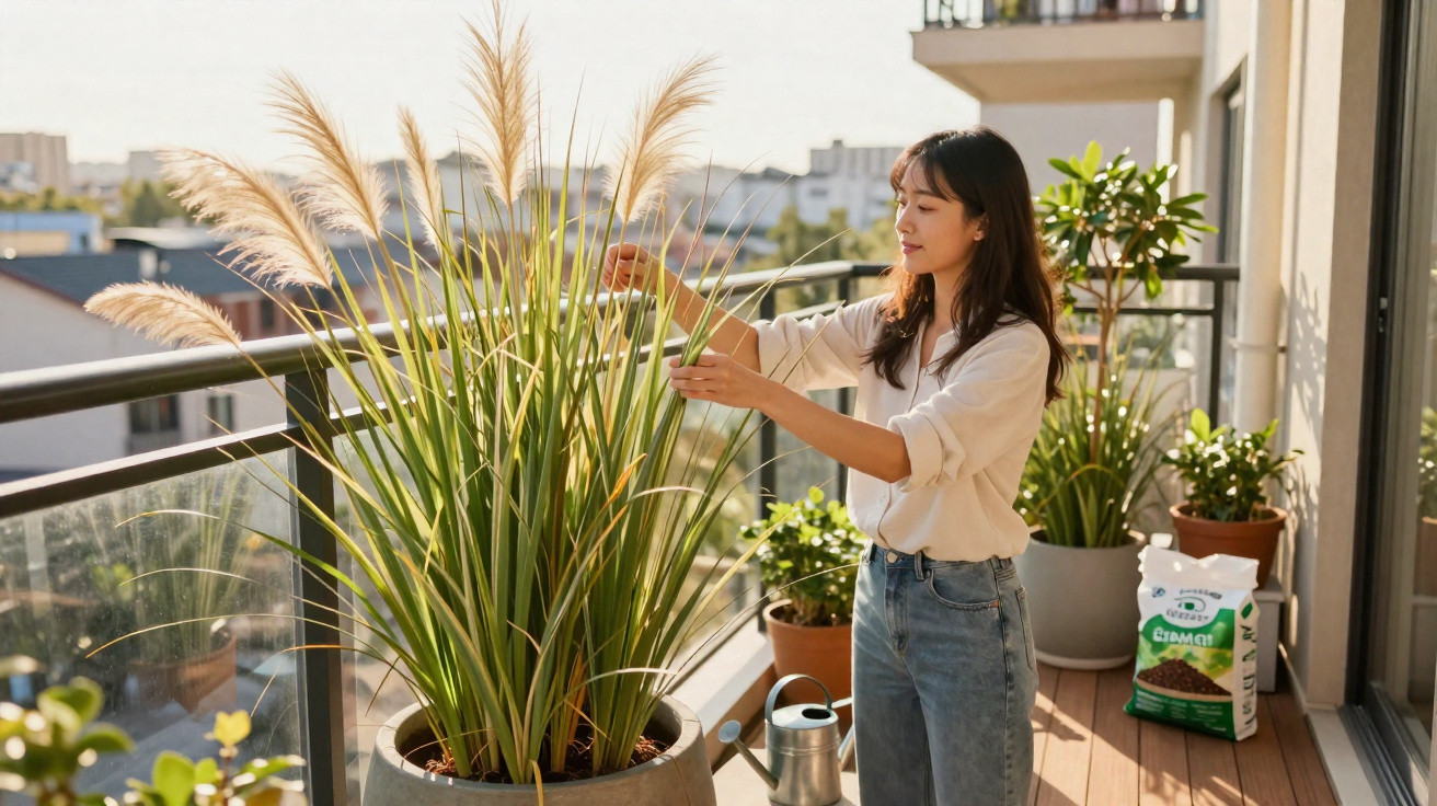 Mulher cuidando de planta alta em vaso grande na varanda de apartamento ensolarado.