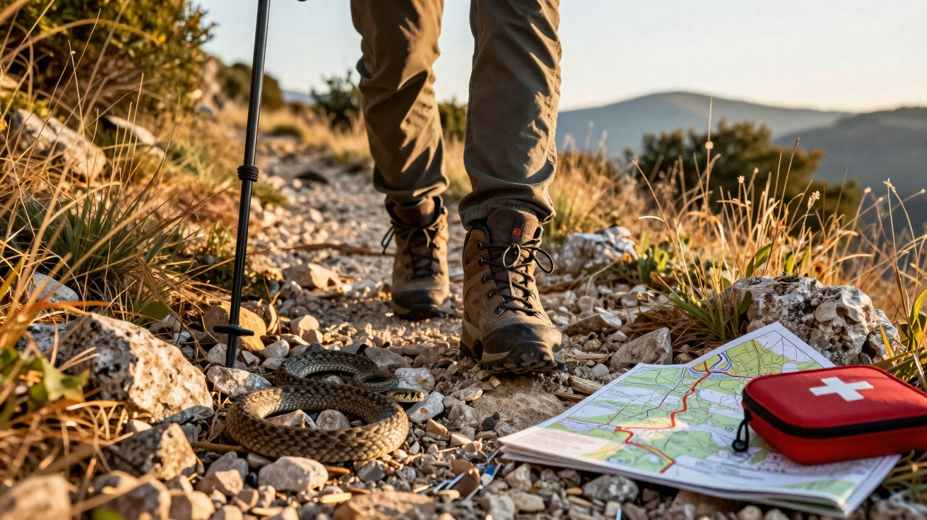 Pernas de pessoa com botas de trilha parando próximo a cobra em trilha rochosa com mapa e kit de primeiros socorros.