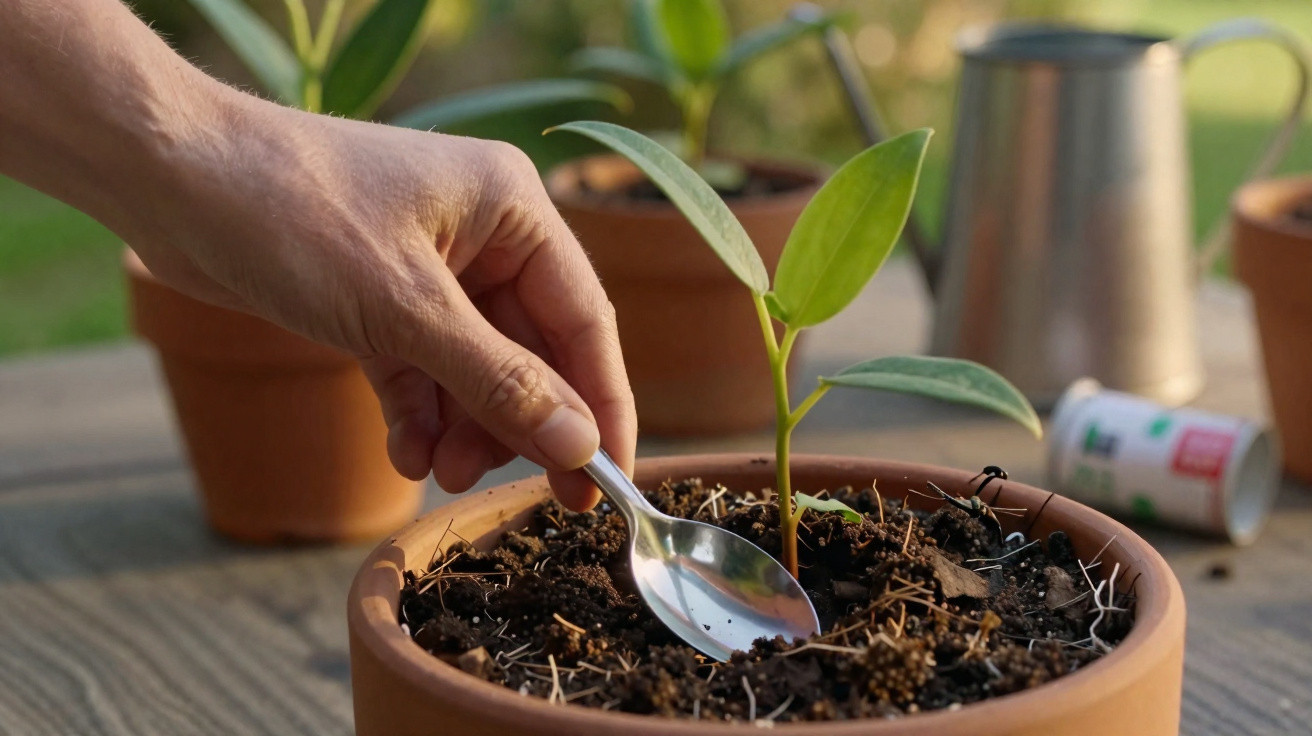 Mão segurando colher para plantar muda em vaso de barro com terra ao ar livre.