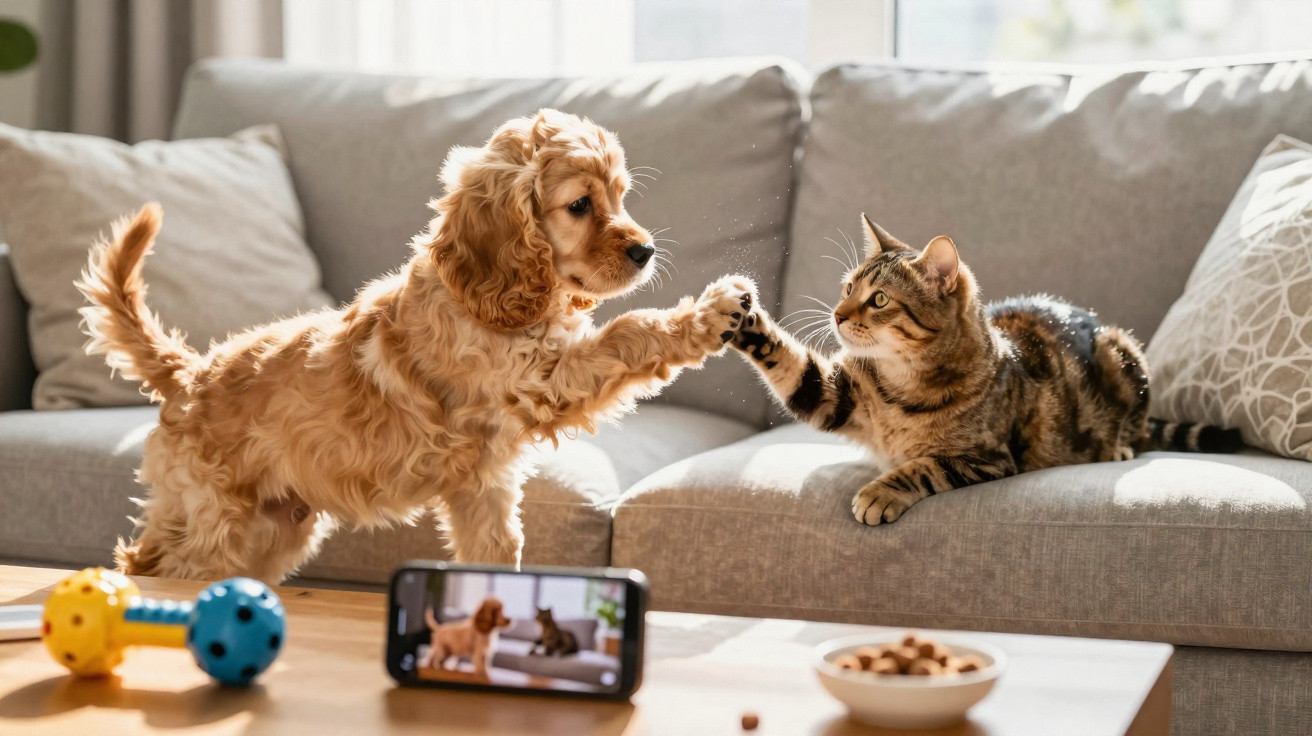 Filhote de cachorro e gato no sofá, tocando as patas em um gesto amigável dentro de uma sala iluminada.