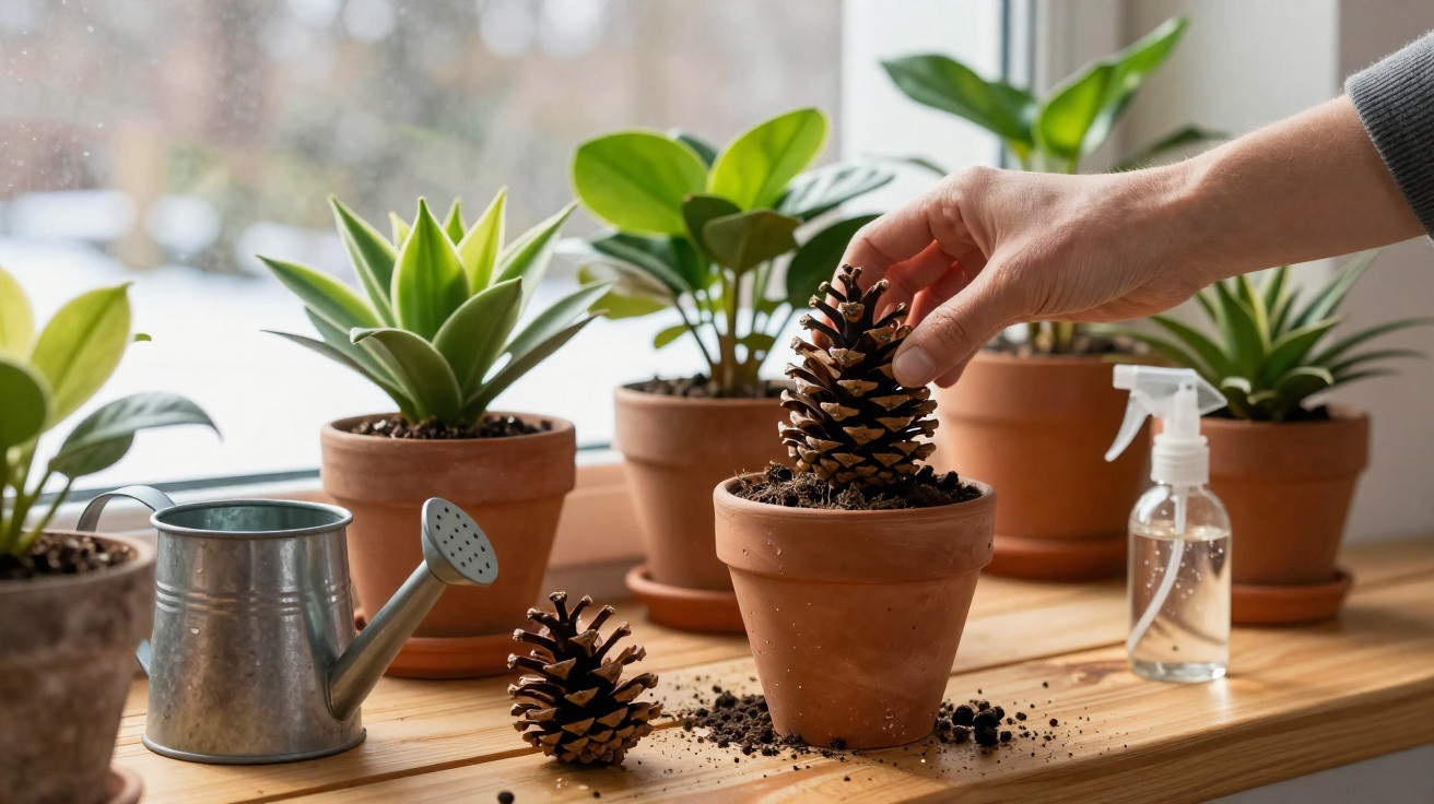 Mão colocando uma pinha em vaso com terra, ao lado de regador, borrifador e plantas em vasos na janela.