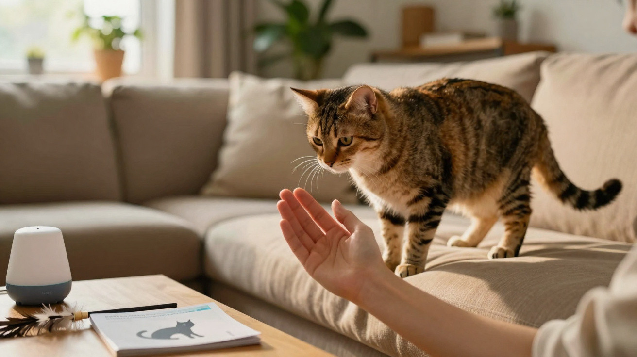 Gato em sofá olhando para a mão humana estendida próxima a um livro e floresta na sala iluminada.
