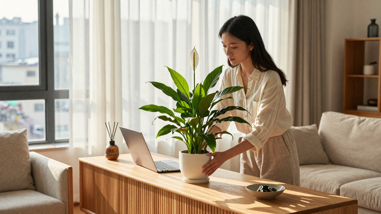 Mulher ajustando planta em vaso sobre mesa de madeira em sala com laptop e sofá claro ao fundo.