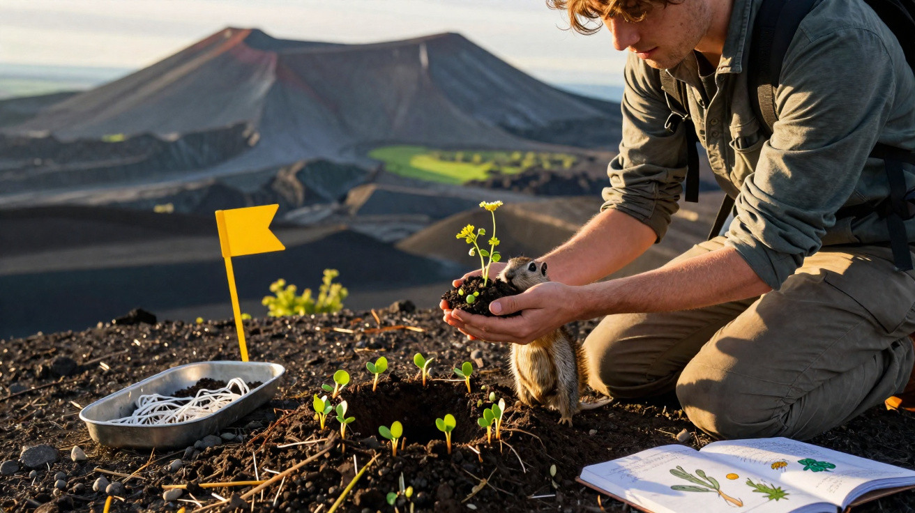 Homem planta muda na terra perto de um campo com brotos e um caderno aberto em ambiente natural.