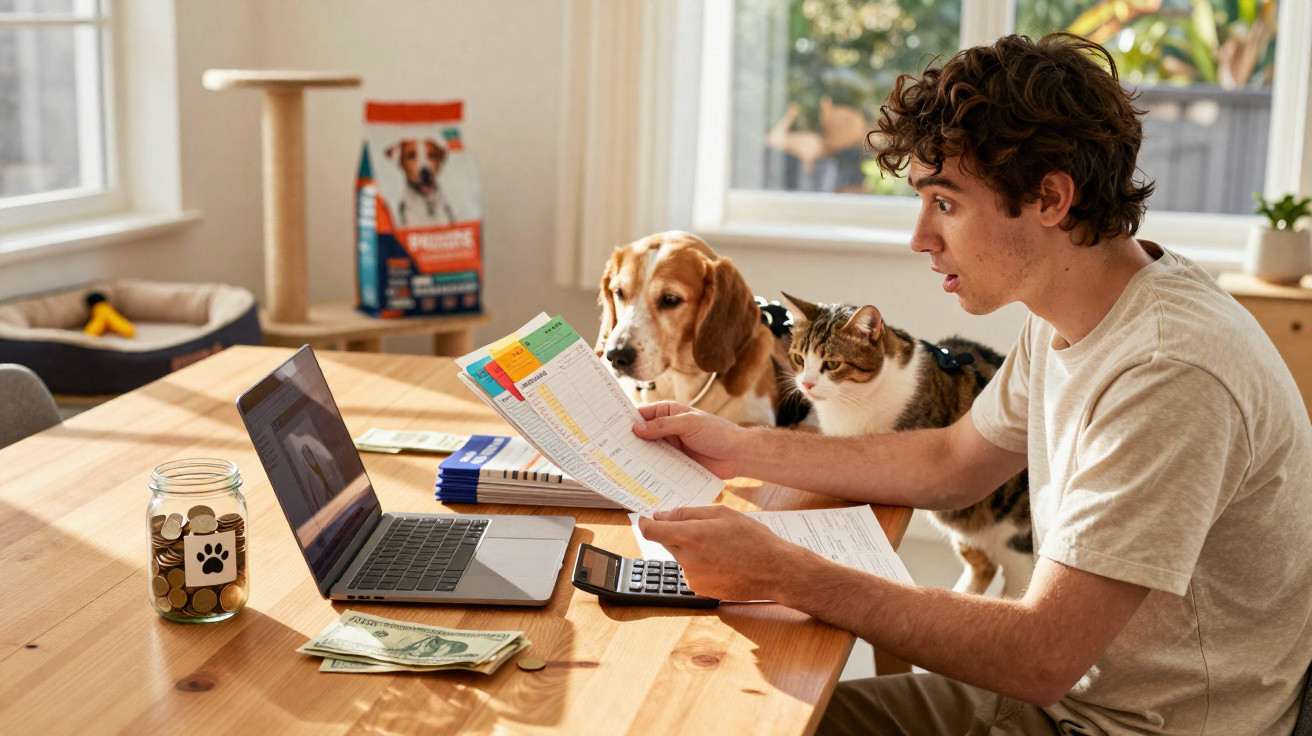 Homem com expressão surpresa analisa contas na mesa com laptop, cachorro e gato ao seu lado.