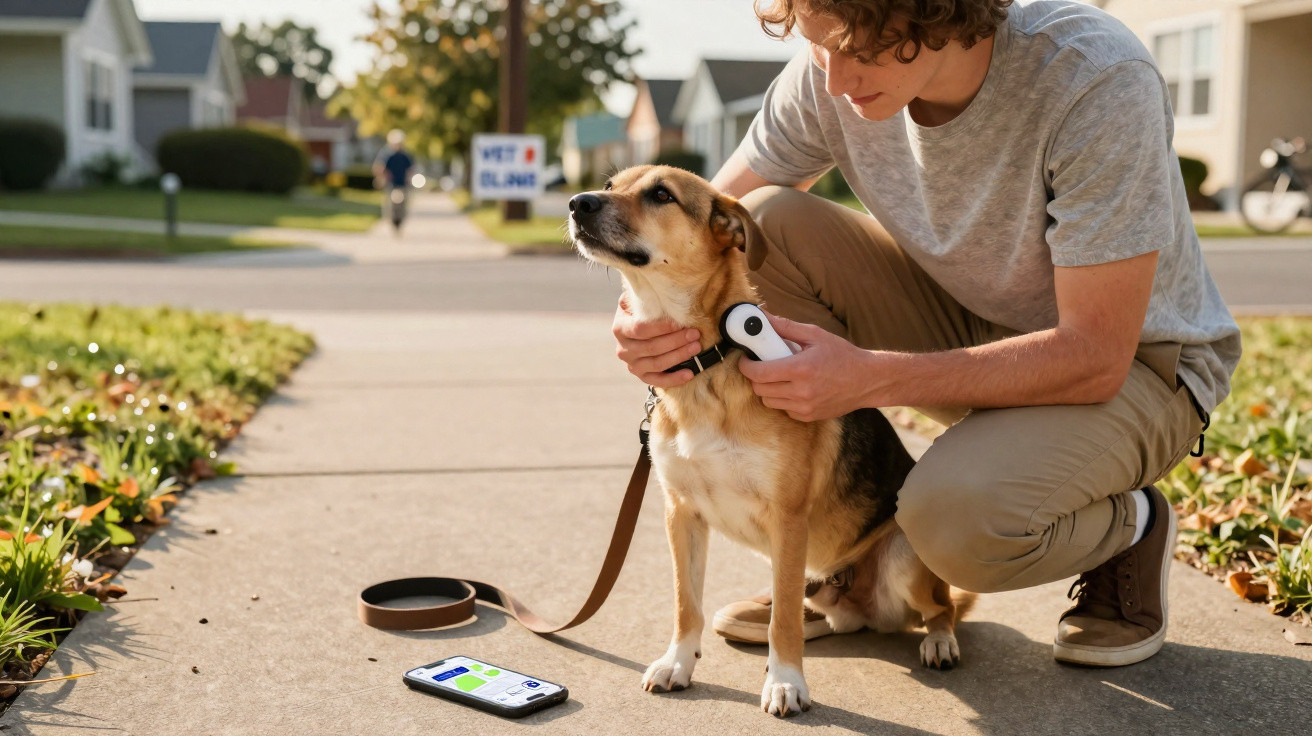 Pessoa colocando coleira inteligente em cachorro em calçada residencial ensolarada.