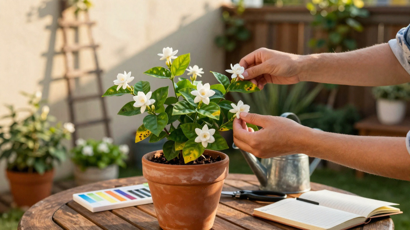 Pessoa cuidando de planta com flores brancas em vaso de barro sobre mesa de madeira no jardim.