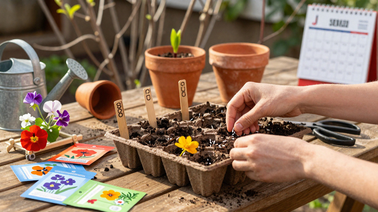 Mãos plantando sementes em bandeja de mudas com vasos, pacotes de sementes e regador sobre mesa de madeira.
