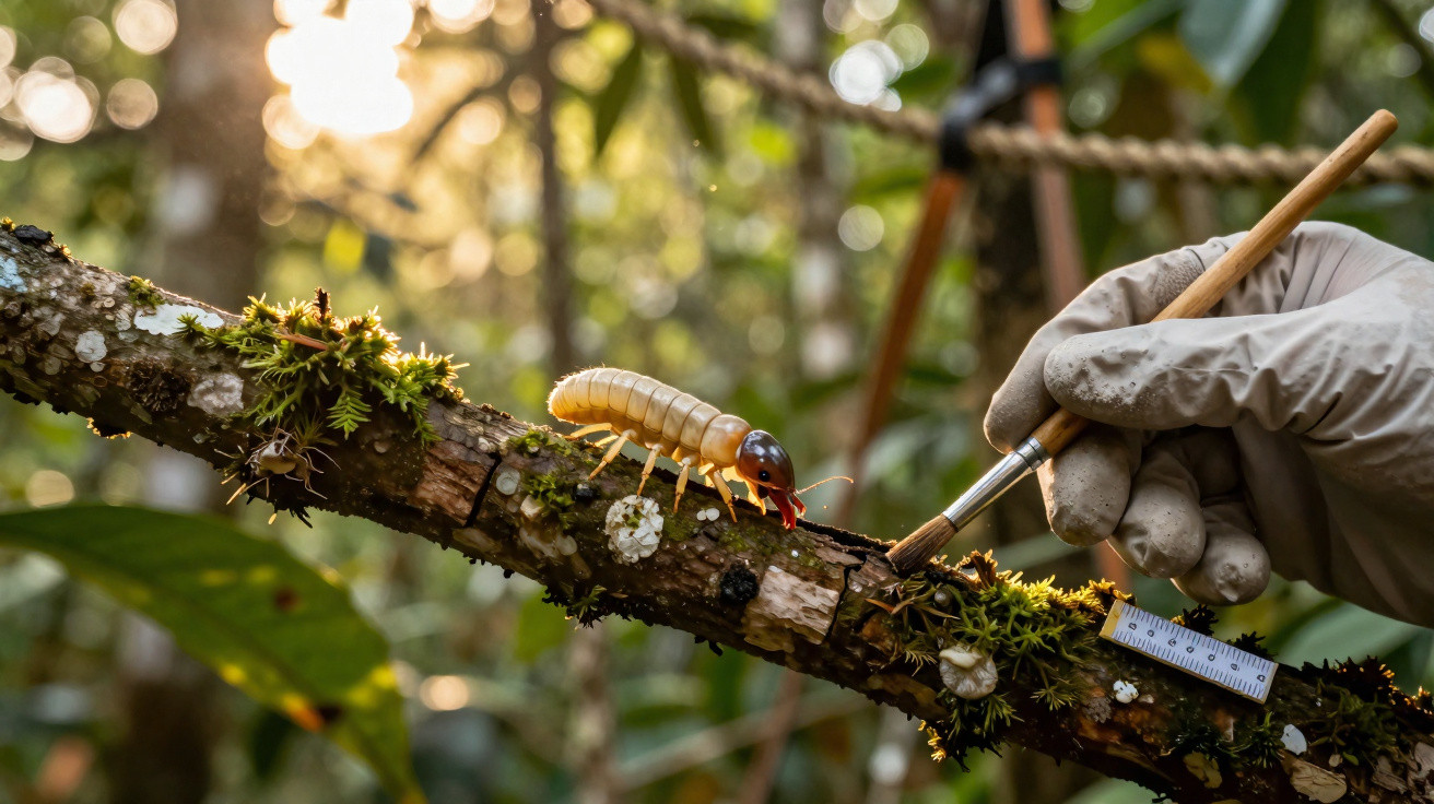 Inseto amarelo sobre galho com musgos sendo analisado por mão com luva e pincel em floresta.
