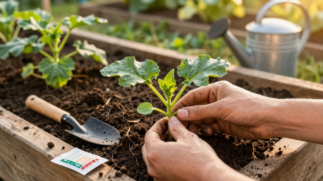 Mãos plantando muda de vegetal em canteiro com pá, regador e pacote de sementes ao fundo.
