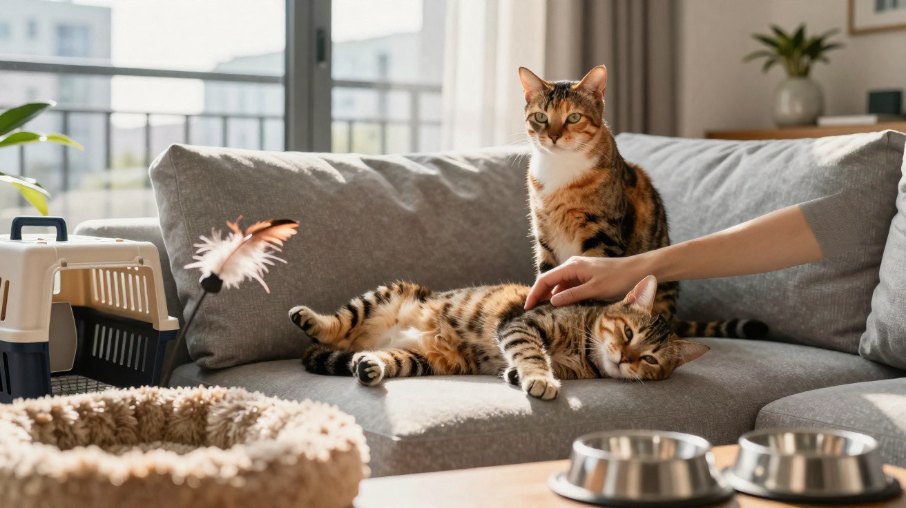 Dois gatos em sofá cinza, um deitado recebendo carinho, com brinquedo, cama e comedouros ao redor.