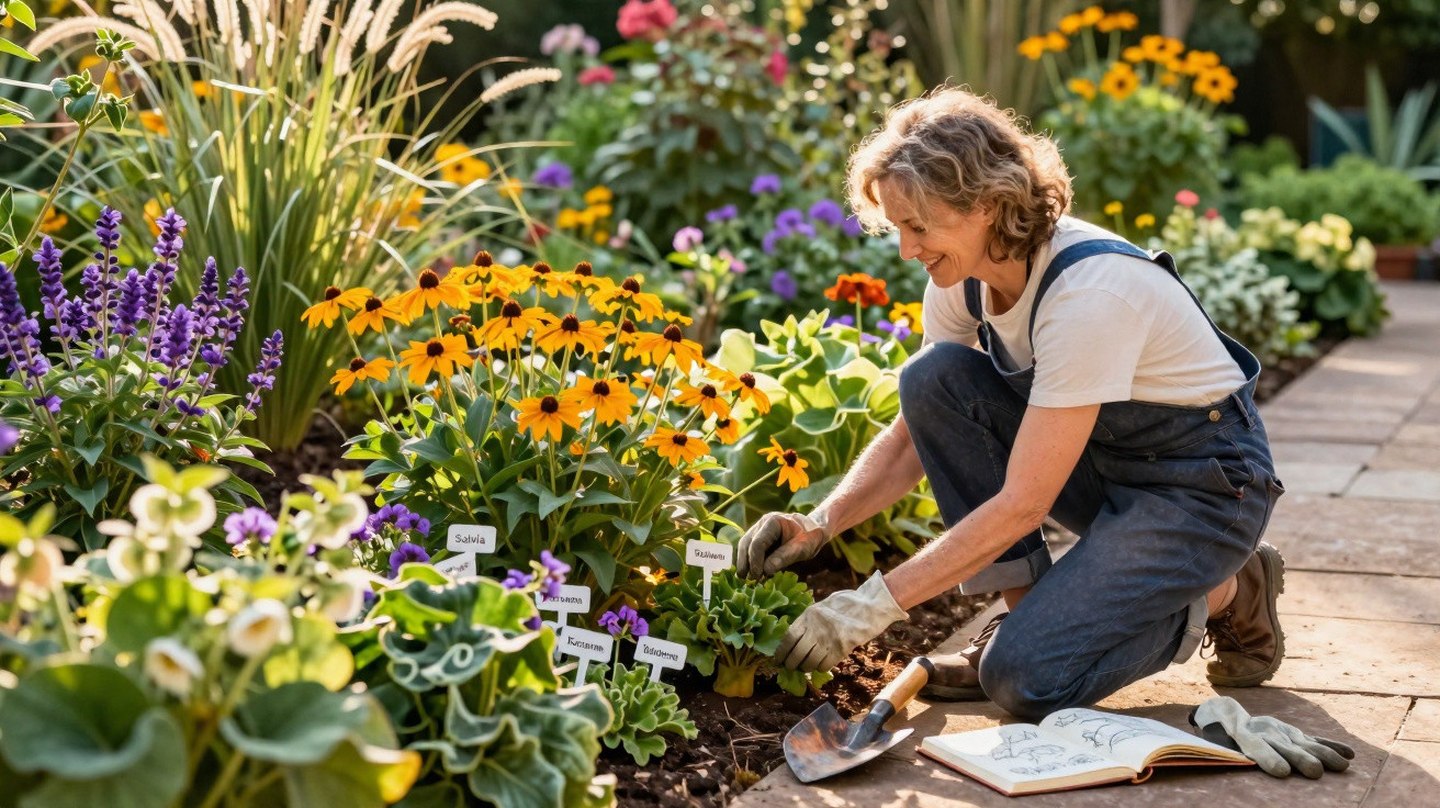 Mulher cuidando de plantas em um jardim colorido, usando luvas e jardineira azul.