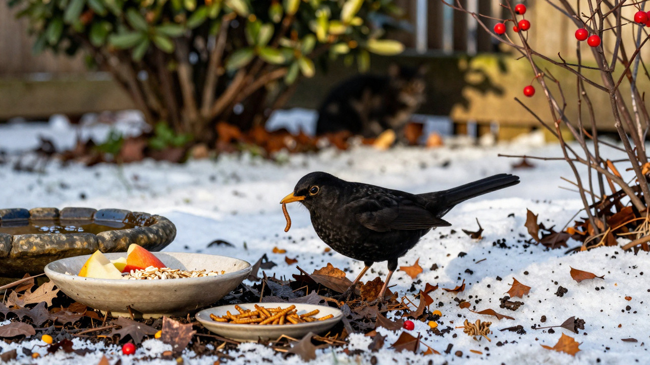 Pássaro preto com minhoca no bico, perto de pratos com sementes e frutas na neve.