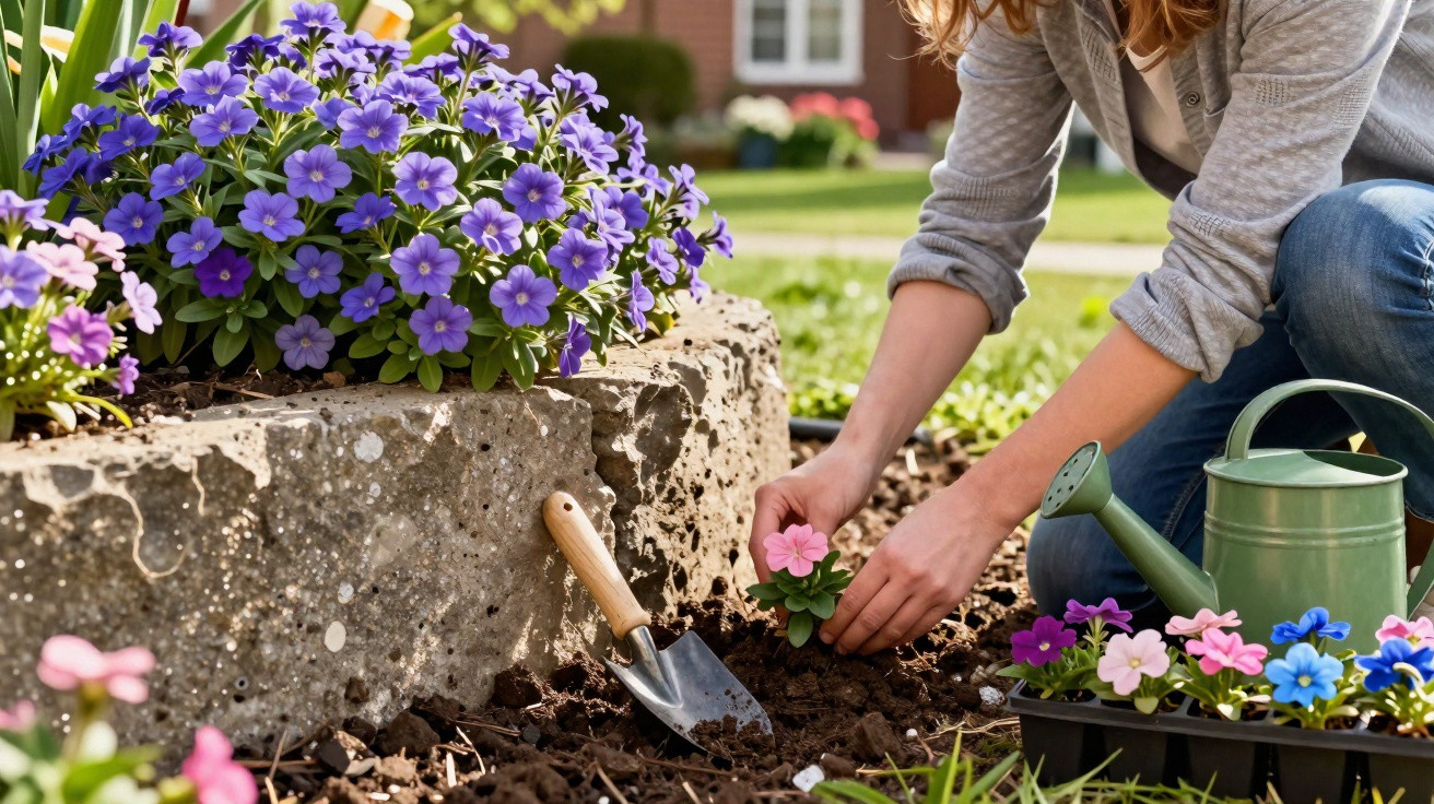 Pessoa plantando flores coloridas em um jardim com regador e ferramentas ao lado.