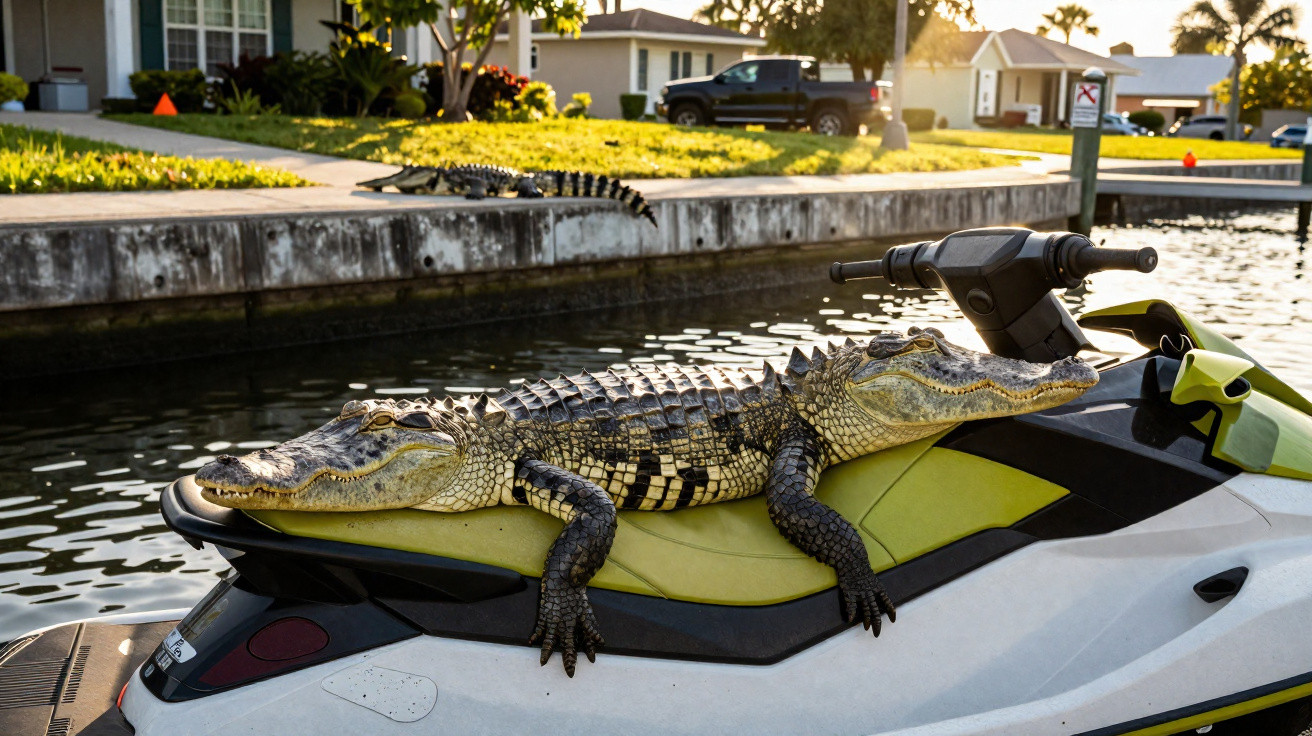 Dois jacarés deitados em uma moto aquática próxima a um canal em área residencial.