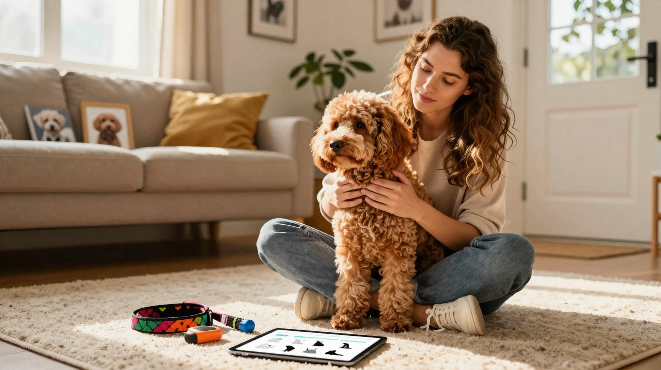 Mulher sentada no chão com cachorro marrom encaracolado, brinquedos e tablet na frente, em sala iluminada.