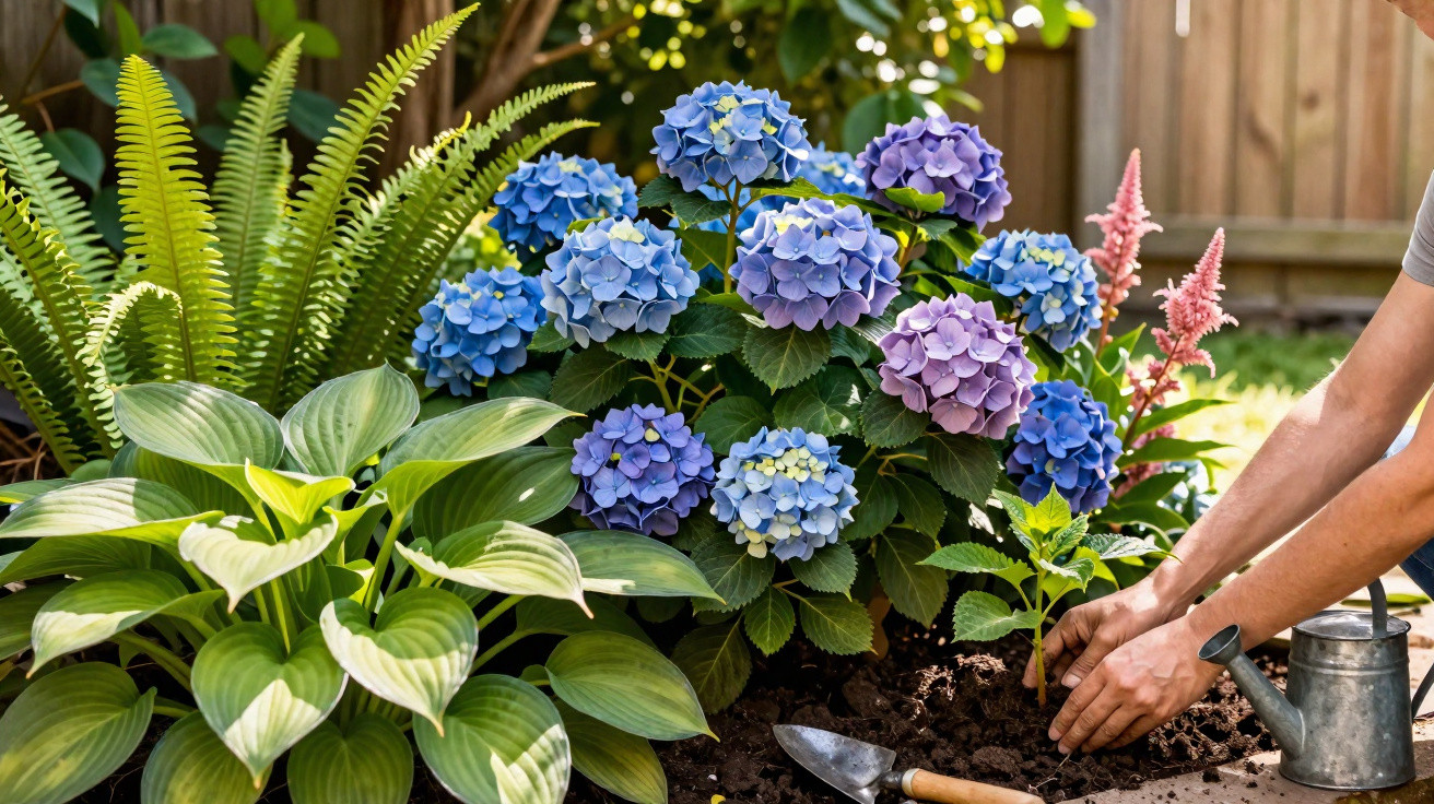 Pessoa plantando muda em jardim com flores hortênsias azuis e lilases e plantas verdes ao redor.