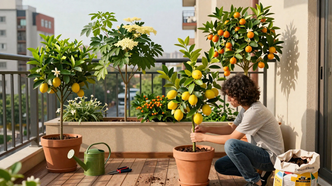 Criança cuidando de árvores frutíferas em vasos no terraço de um apartamento ensolarado.
