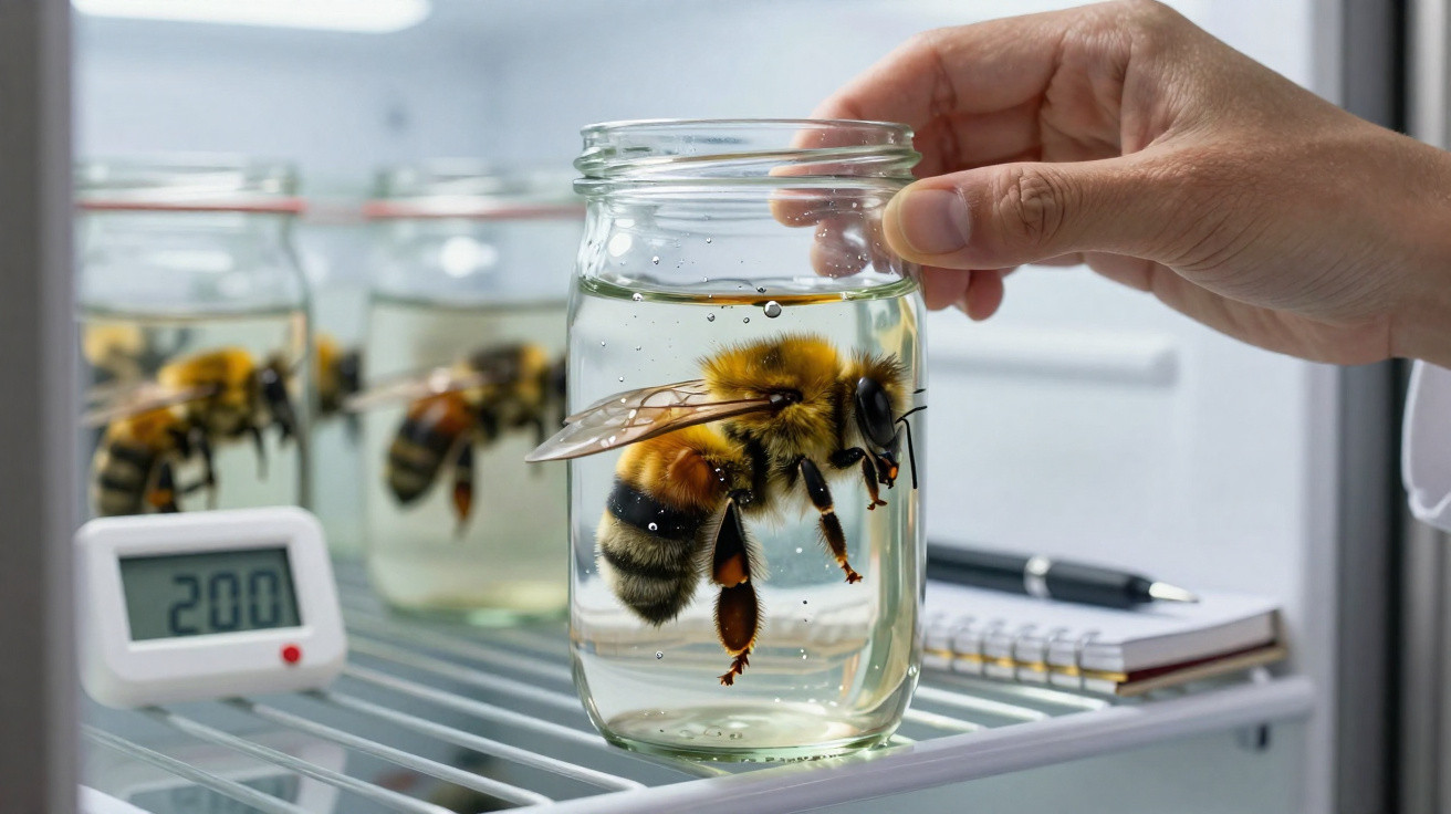 Mão segurando pote com abelha grande dentro de líquido transparente em ambiente de laboratório.